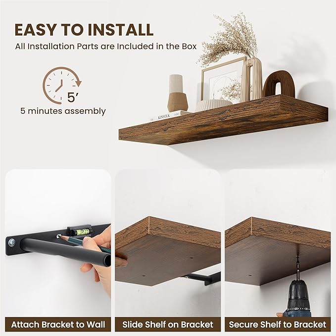 Fun Memories Wood Floating Shelves 16 Inch, 10 Inch Deep Shelves Wall Mount, Wall Shelves with Invisible Bracket, 16" Floating Shelves for Living Room Bathroom Bedroom, Rustic Brown, Set of 2-Ruum Studio Home