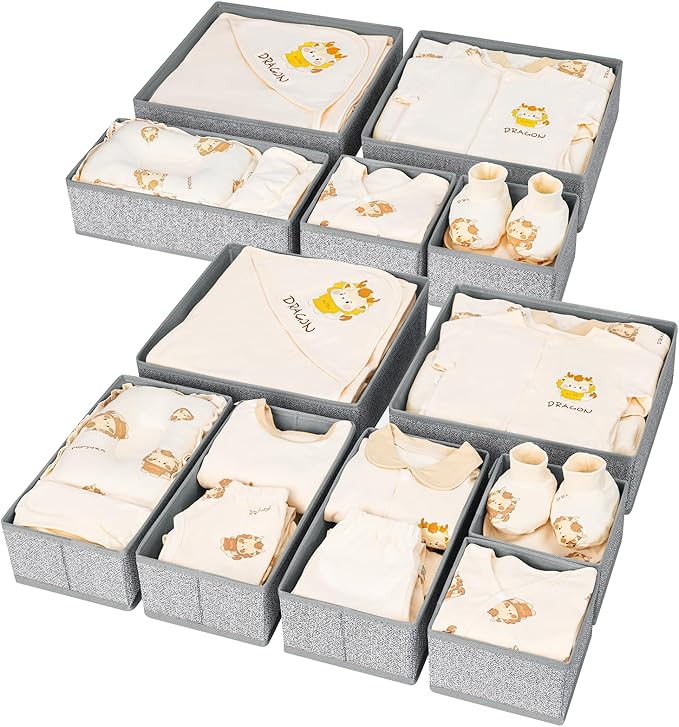 DIMJ Drawer Organizer Clothes 12 Pack - Foldable Baby Organizers and Storage & Dresser Organizer for Bedroom, Closet - Nursery Organization Dresser Dividers for underwear, Sock,Bra, Belt, Tie, Gray-Ruum Studio Home