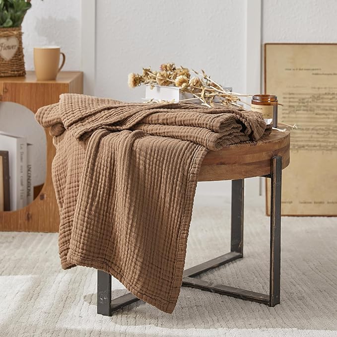 EMME Cotton Muslin Throw Blanket Couch Breathable Gauze Blanket Soft Lightweight Blankets Adults (Brown, 50"x60")-Ruum Studio Home