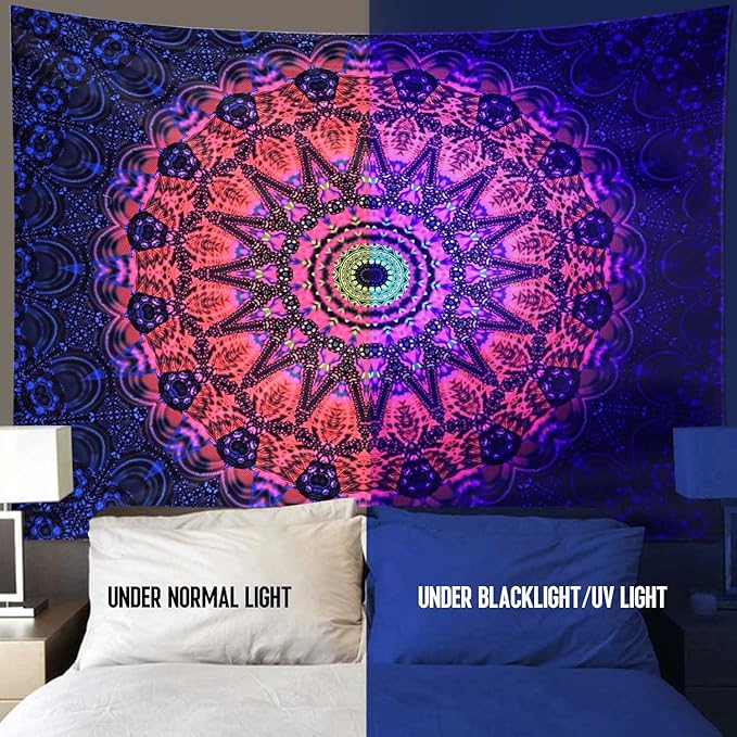 ADDWel Blacklight Mandala Boho Tapestry Glow In The Dark, Black Light Bohemian Hippie Poster Wall Hanging for Bedroom Aesthetic Wall and Room Decor (60" x 80", Mandala)-Ruum Studio Home