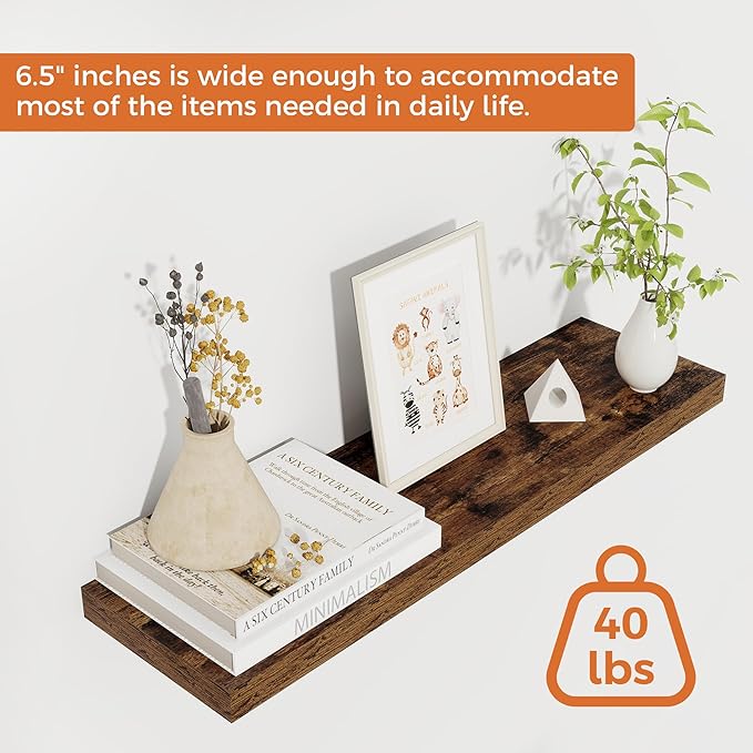 Fun Memories Floating Shelves for Wall, 24" Rustic Wood Deep Wall Mounted Shelves with Invisible Brackets for Decor & Storage, Floating Shelf for Living Room, Bathroom (Rustic Brown, Set of 2)-Ruum Studio Home