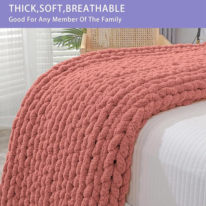 Bigacogo Chunky Knit Throw Blanket for Couch, 40x80 inches, 100% Hand Knitted with Thick Jumbo Chenille Yarn, Cozy Soft Large Rope Knot Cable Crochet Blankets for Sofa Bed Living Room, Antique Red-Ruum Studio Home