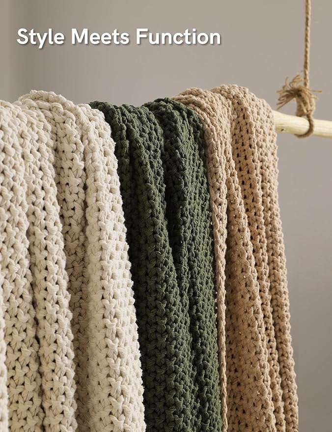 YnM Chunky Cotton Knit Throw Blanket, Cable Knit Throws for Bed Couch Sofa, Comfy & Relaxing, Decorative Piece for Farmhouse Modern Boho Rustic Scandinavian Chic Vibe, Beige 60x80 Inches-Ruum Studio Home