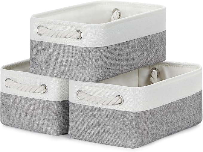 Bidtakay Small Baskets Fabric Storage Baskets for Organizing 3-Pack 12x8x5 Inch Collapsible Storage Bins for Shelves Canvas Bins for Closet Organization Home Baskets Storage Linen Closet S-White&Grey-Ruum Studio Home