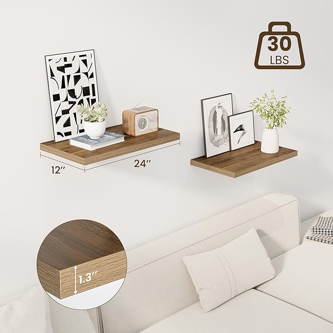 24" Floating Shelves for Wall, 12" Deep Slim Walnut Floating Shelves, Wall-Mounted Shelves for Bedroom, Living Room, Kitchen, Bathroom - Set of 2-Ruum Studio Home