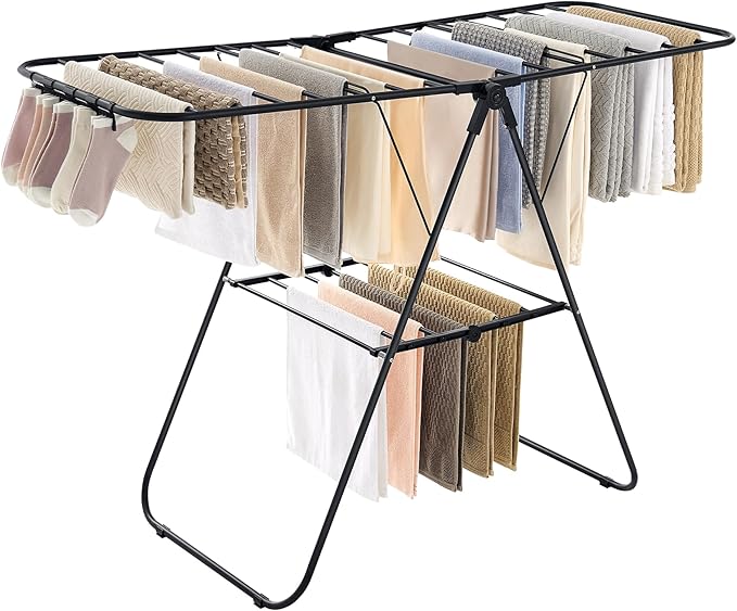SONGMICS Clothes Drying Rack, with Sock Clips, Metal Laundry Rack, Foldable, Space-Saving, Free-Standing Airer, with 2 Height-Adjustable Gullwings, Indoor Outdoor Use, Black ULLR052B01-Ruum Studio Home