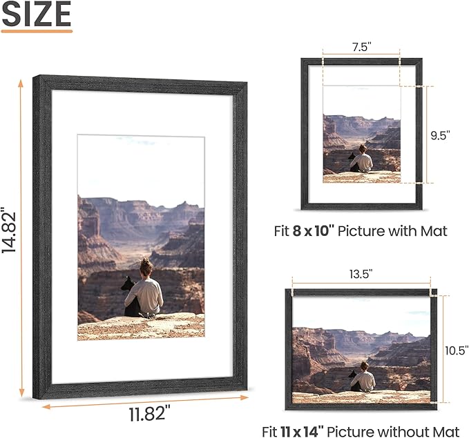 upsimples 11x14 Picture Frame, Natural Solid Wooden Picture Frames, Display 8x10 with Mat or 11 x 14 Without, Vertical or Horizontal Wall Hanging, 1 Pack, Black-Ruum Studio Home