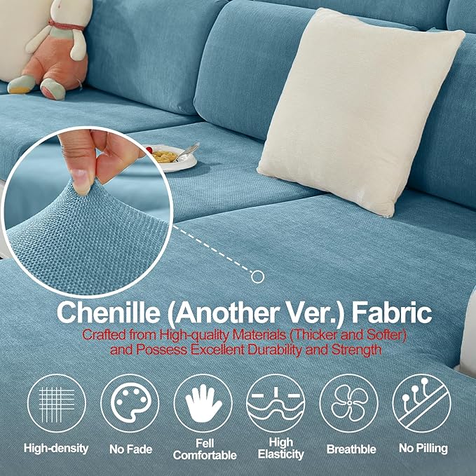 Large Backrest Cushion Covers Super Stretch Backrest Covers for 2 Cushion Couch Sofa, Couch Back Cushion Covers Featuring with Chenille Yarn (Softer Version, 2PC, Blue)-Ruum Studio Home
