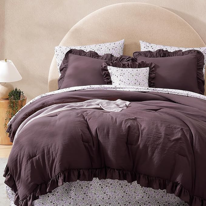 King Comforter Set - 7 Pieces Ruffle Purple Bedding Sets, Shabby Chic Farmhouse Bed in a Bag King with Ruffle Comforter, Floral Sheets, Pillowcases & Shams-Ruum Studio Home