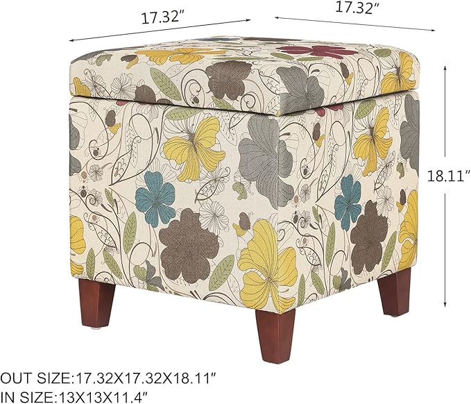 Adeco 18 Inch High Cube Ottoman Storage, Floral Printed Linen Chair Foot Stools, Upholstered Vanity Stool with Hinged Lid, Solid Wood Legs-Ruum Studio Home
