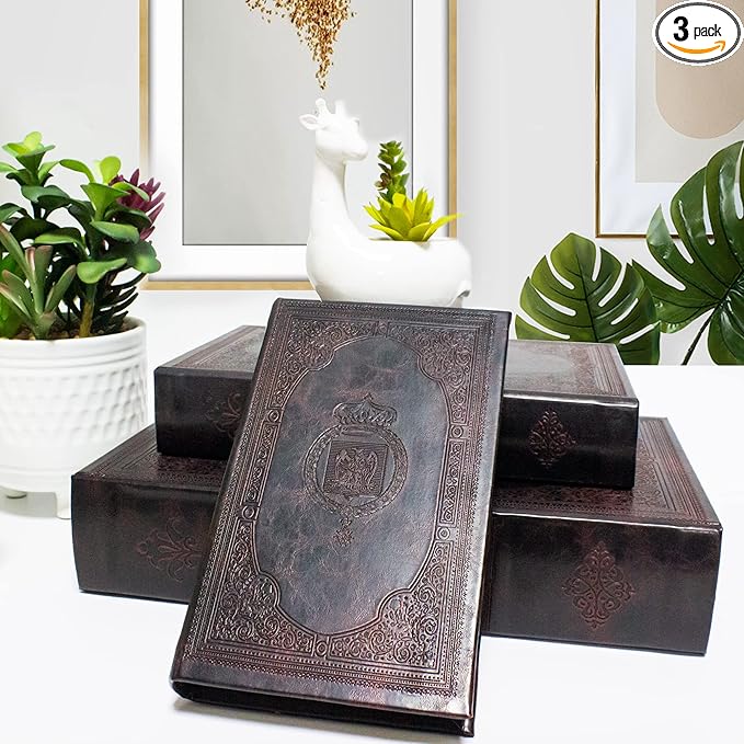 Decorative Book Box Set of 3,Vintage Style Book Shaped Storage Box,Leather Decorative Wooden Trinket Jewelry Books Boxes with Antique Embossed Pattern,Mother's Day/Graduation /Birthday Gift Idea-Ruum Studio Home