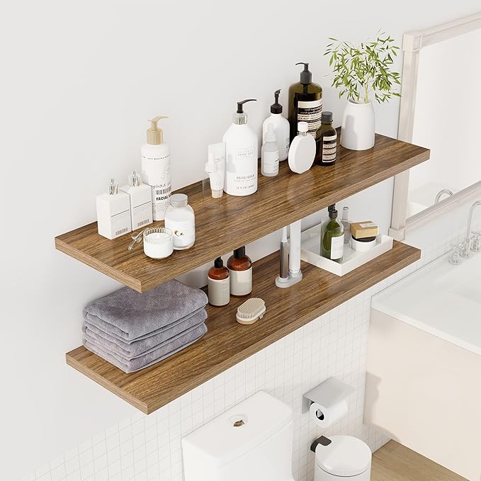 48" Floating Shelves for Wall, 12" Deep Slim Walnut Floating Shelves, Wall-Mounted Shelves for Bedroom, Living Room, Kitchen, Bathroom - Set of 2-Ruum Studio Home
