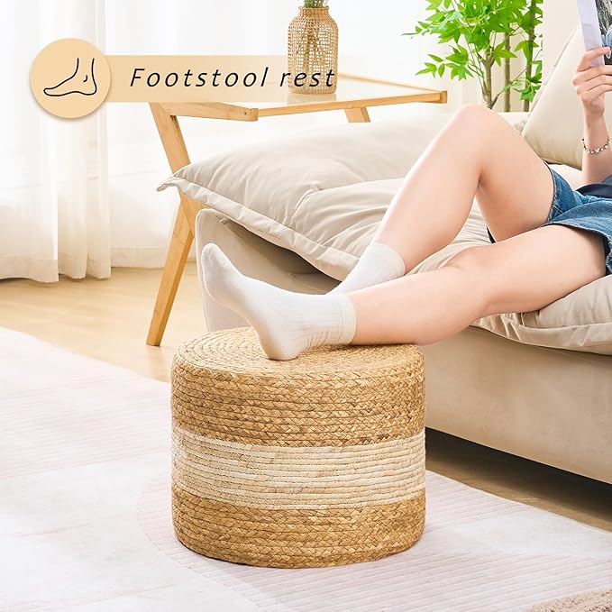 Handwoven Water Hyacinth Ottoman Pouf, Round Outdoor Footstool with Sturdy Frame, No Assembly Needed, Boho Accent Stool for Indoor & Outdoor Use – Patio, Balcony, Living Room (White)-Ruum Studio Home