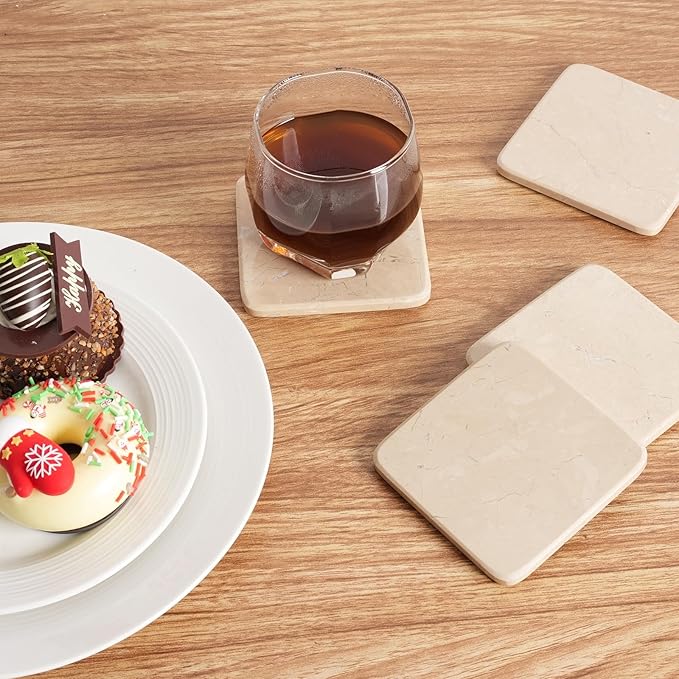 BCS Marble Coasters Set of 5 with Holder, Square Stone Drink Coasters for Coffee, Wine and Cocktails, Non-Slip Durable Cup Mats, Elegant Home, Bar & Kitchen Table Decor (Crema Beige)-Ruum Studio Home