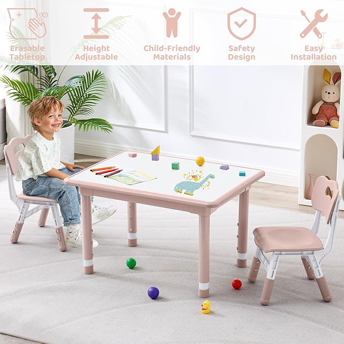 Kids Table and 2 Chairs Set, Height Adjustable (17.7"-26.1") Toddler Table and Chair Set, Multi-Activity Table with Graffiti Desktop, Children’s Table and Chairs for Classroom, Home & Daycare-Ruum Studio Home