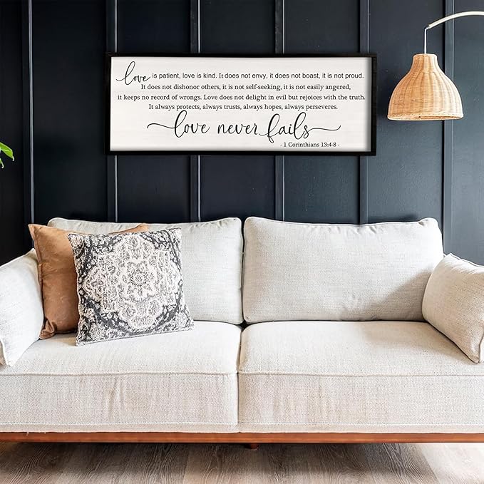 flowtorely Love is Patient, Kind Wall Art Decor 40"X15" Love Never Fails Sign 1 Corinthians 13 Bedroom Above Bed Large Bible Verse Quote Scripture Christianity Hanging Sign (Black)-Ruum Studio Home