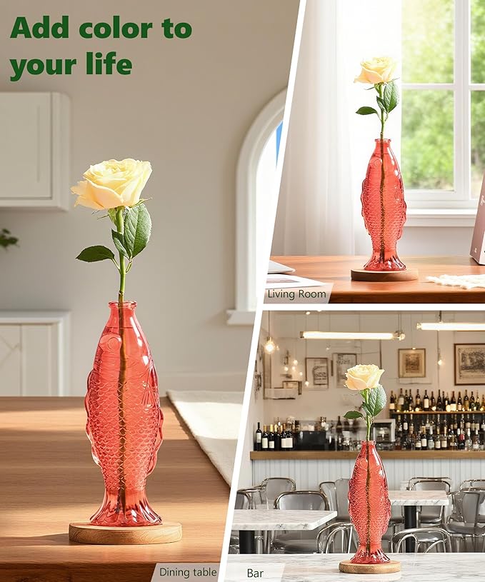 Nacome Fish Vase Glass Plant Terrarium with Wooden Stand,Planter Propagation Station for Home Office Hydroponics Desk Decoration,Unique Gardening Gifts for Plant Lovers Women Mom(Red)-Ruum Studio Home