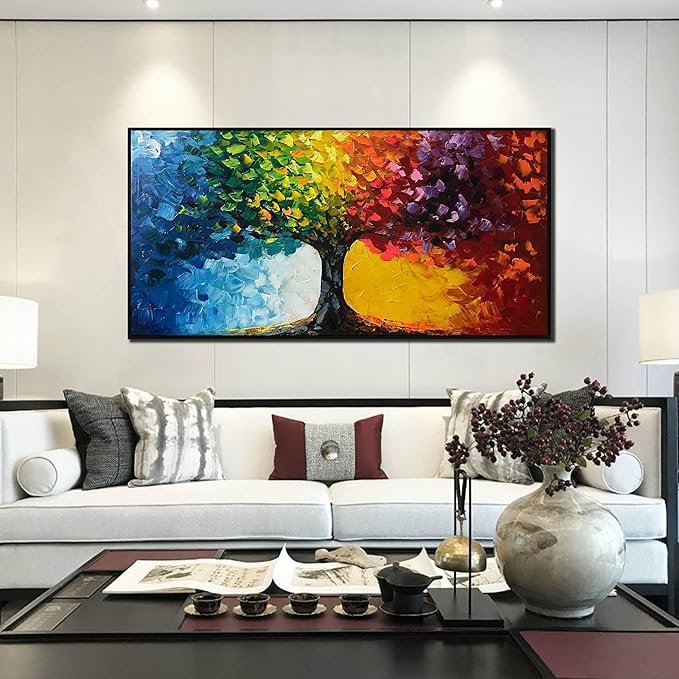 Hand Painted Colorful Tree Painting for Living Room - Bedroom Signs Wall Decor Above Bed - Large Framed Wall Art Size 29" x 59"-Ruum Studio Home
