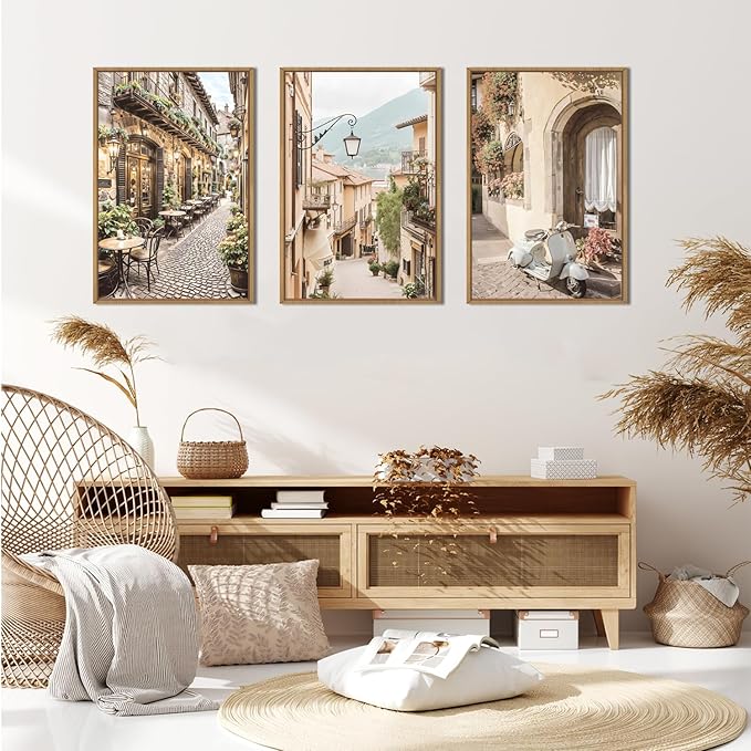 HPINUB Foreign Scenery Framed Canvas Wall Art Set,Vintage Travel City Wall Decor,Modern Minimalist Europe Street Picture Artwork Nature Landscape Art Print for Living Room,Bedroom-24 x36 x3-Ruum Studio Home