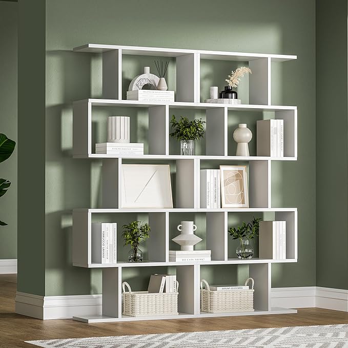 White 5-Tier Geometric Bookcase, S-Shaped Modern Bookshelf Set of 2, 62.6" Tall Room Divider Book Shelf, Decorative Display Shelf-Ruum Studio Home
