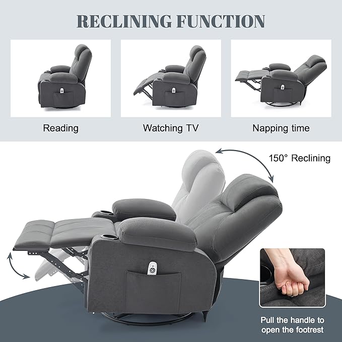 Oversized Swivel Rocker Recliner Chair with Heat and Massage, 360 Degree Swivel Rocking Single Sofa with Cup Holders and USB Port, Big Large Recliner Chair for Living Room (Fabric, Darkgrey)-Ruum Studio Home