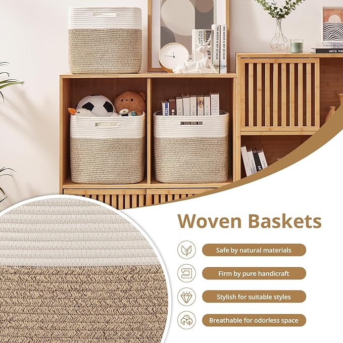 OIAHOMY 13 Kallax Inch Cube Storage Bins, 3-Pack Cotton Rope Woven Baskets for Organizing, Kallax Insert Storage Baskets for Shelves, Baby Nursery, Closet Organizer, 13*13*12.6IN, Brown & White-Ruum Studio Home