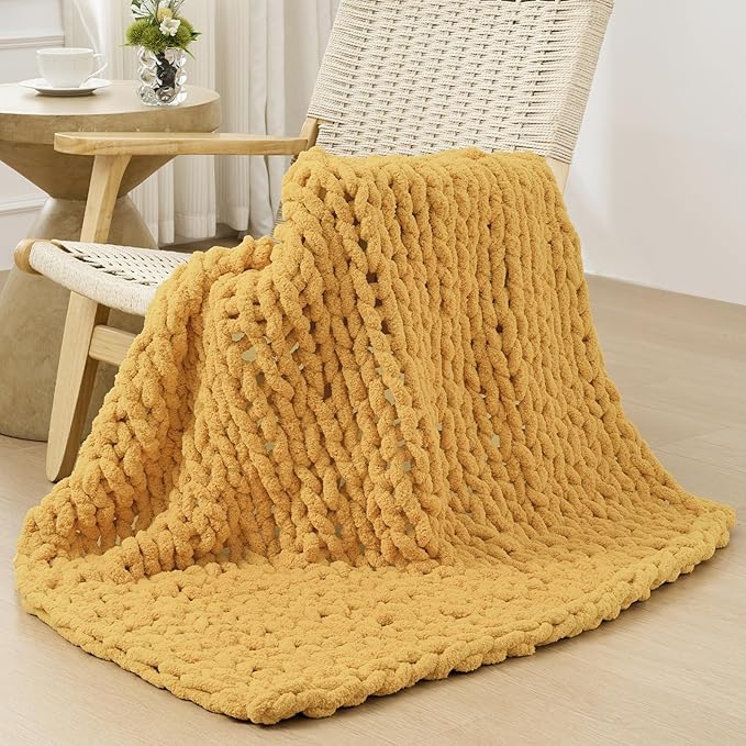 Bigacogo Chunky Knit Throw Blanket for Couch, 40x40 inches, 100% Hand Knitted with Thick Jumbo Chenille Yarn, Cozy Soft Large Rope Knot Cable Crochet Blankets for Sofa Bed Living Room, Mustard Yellow-Ruum Studio Home