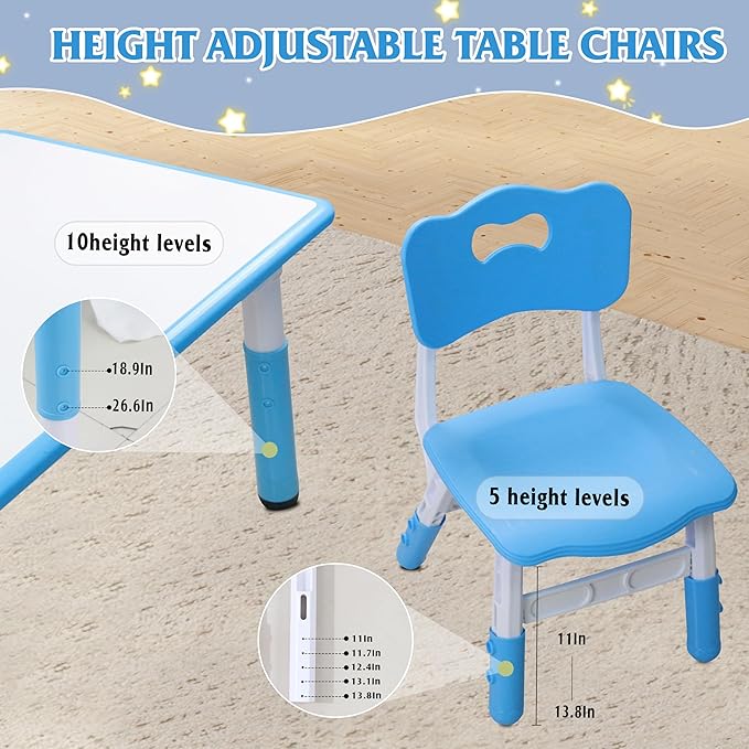 Kids Table and 6 Chairs Set with Graffiti Desktop, Toddler Furniture Set, Non-Slip, Table Children Study Desk, Dining Table, Height Adjustable Desk, Painting Desktop for Kids (47.2x23.6Inch)-Ruum Studio Home