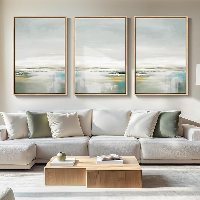 Large Framed Green Abstract Landscape Wall Art for Living Room, 3 Piece Canvas Prints Paintings Artwork for Walls, Modern Minimalist Pictures for Dining Room, Hallway, Office Wall Decor 24x36 In-Ruum Studio Home