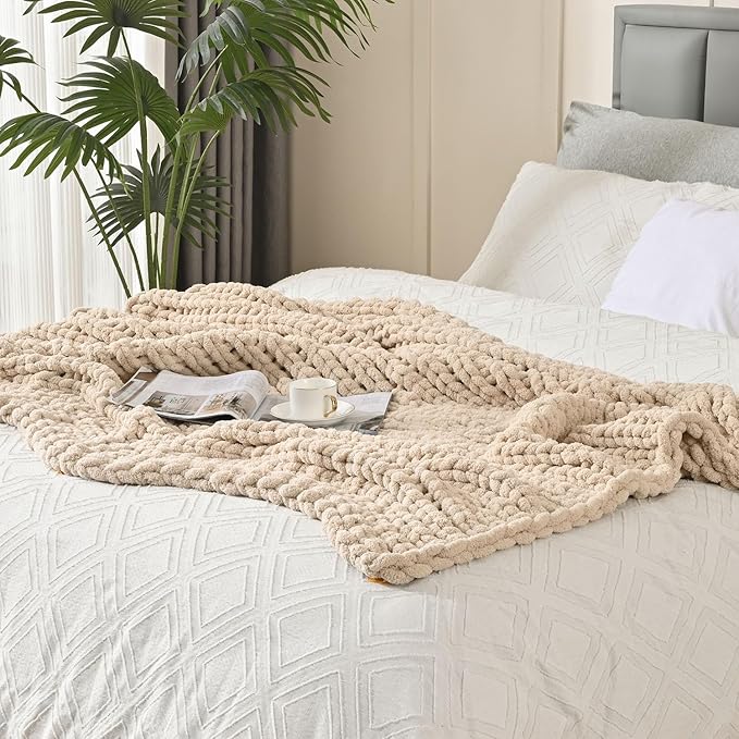 Esterra Chunky Knit Blanket Throw 50"x60", 100% Hand Knitted Chenille Throw Blanket, Cozy Soft Thick Cable Knit Throw Large Rope Knot Crochet Throw Blanket for Sofa Couch Bed, Sandshell/Oatmeal-Ruum Studio Home