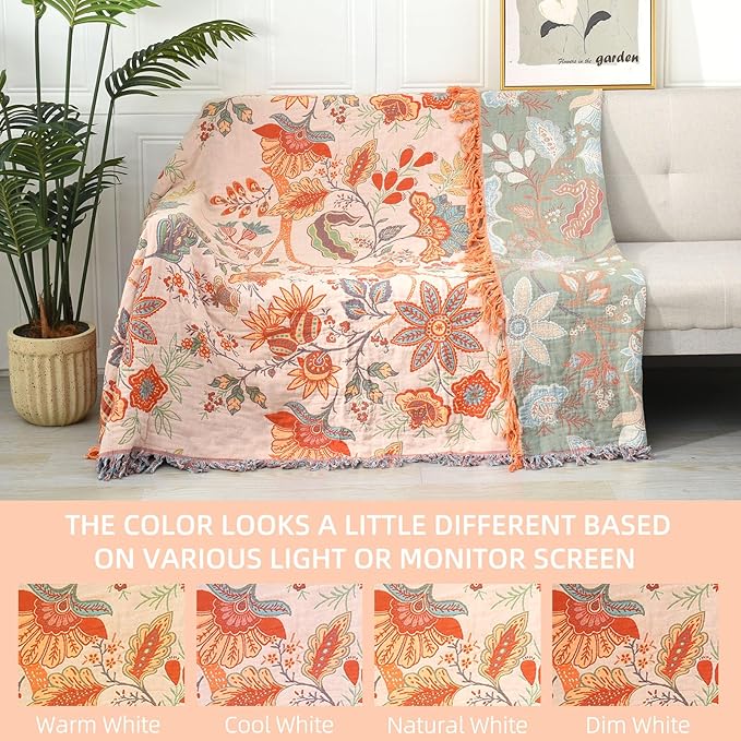 Boho Throw Blanket for Bed - 100% Pure Cotton Ultra Soft Rustic Quilt - Farmhouse Decor Bed Blankets, All Season Rustic Throw for Sofa Couch Chair(80''x 90'', Floral)-Ruum Studio Home