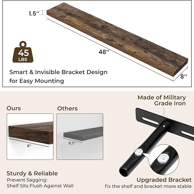 RICHFOCUS 48Inch Floating Shelves for Wall 2 Pack Shelves for Bedroom|Kitchen|Bathroom Wall Mounted Rustic Wood Floating Shelf with Invisible Brackets for Books|Storage|Decor, Rustic Brown-Ruum Studio Home
