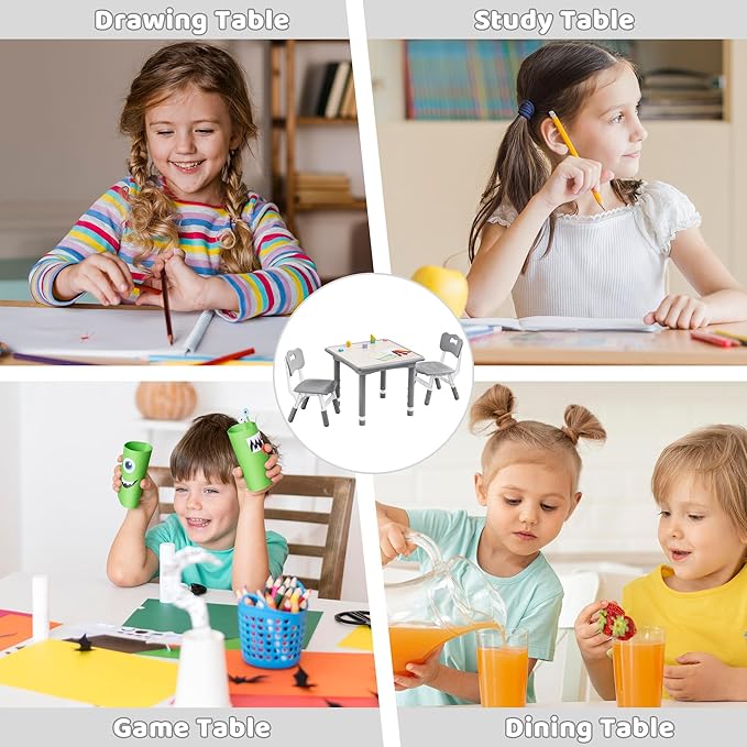 Kids Table and 2 Chairs Set, Height Adjustable (17.7"-26.1") Toddler Table and Chair Set, Multi-Activity Table with Graffiti Desktop, Children’s Table and Chairs for Classroom, Home & Daycare-Ruum Studio Home