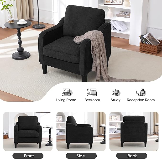Accent Chairs Set of 2, Upholstered Living Room Chairs with Side Pockets, Mid Century Modern Reading Chair for Bedroom, Comfy Armchair Single Sofa Side Chair for Office, Small Room, Black-Ruum Studio Home
