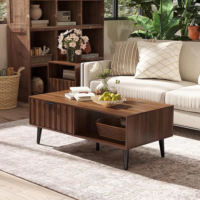 Mid Century Modern Coffee Table with Grooved Drawers & Open Storage, 47" MDF Walnut Wood Center Table with Black Solid Wood Legs, Retro Living Room Furniture-Ruum Studio Home