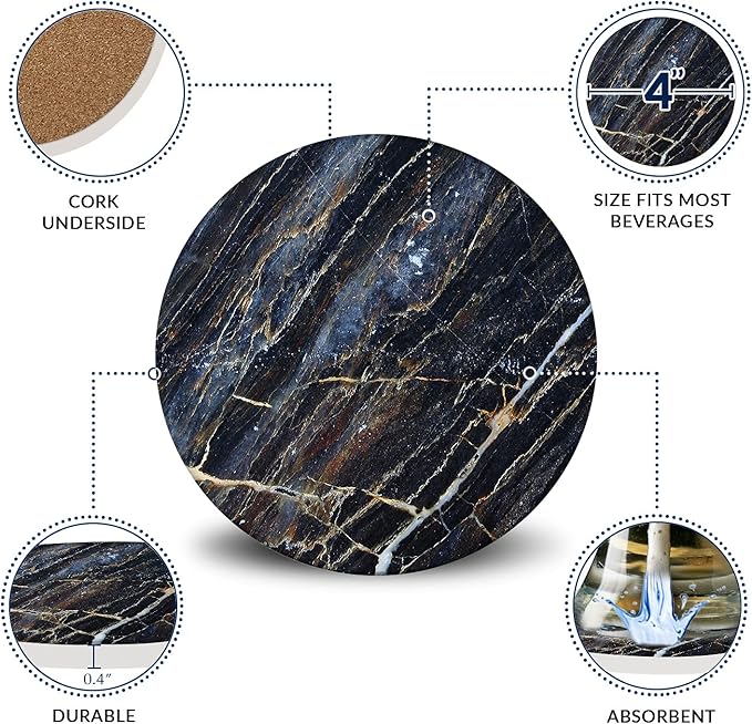 Emerson Coasters for Drinks Absorbent – Natural Stone Drink Coasters Set with Holder, Coasters for Coffee Table, Wooden Tabletop Protection Marble Style – 100% Heavy Duty Set of 6 (Thunder)-Ruum Studio Home