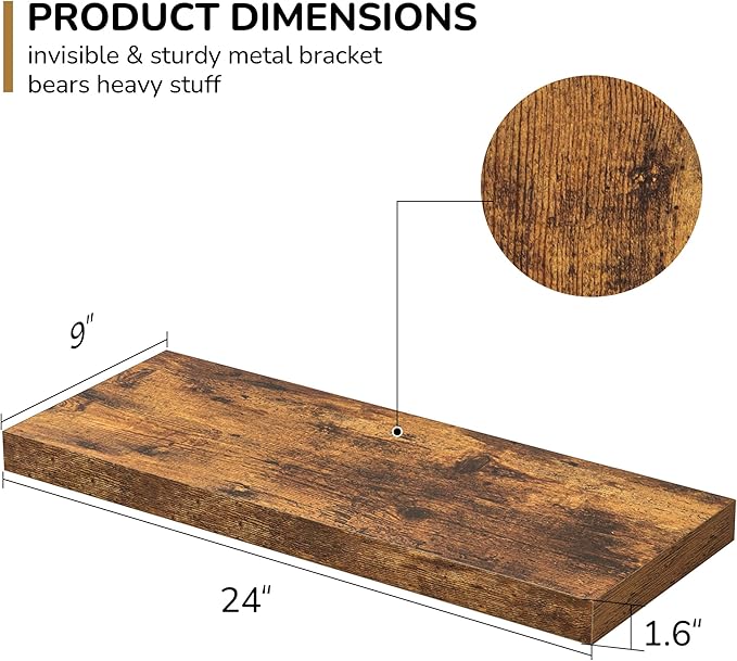 Floating Shelves - 2 Pack 9 Inch Rustic Wooden Wall Shelves - Extra Deeper & Thicker Wall Mounted Storage Shelf for Living Room, Kitchen, Farmhouse - 24" W x 9" D x 1.6" H - Rustic Brown-Ruum Studio Home
