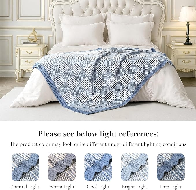 Amélie Home Chenille Knit Throw Blanket for Couch, Checkered Texture Decorative Soft Blanket for Sofa, Bed & Living Room, 50"x60", Blue & White-Ruum Studio Home