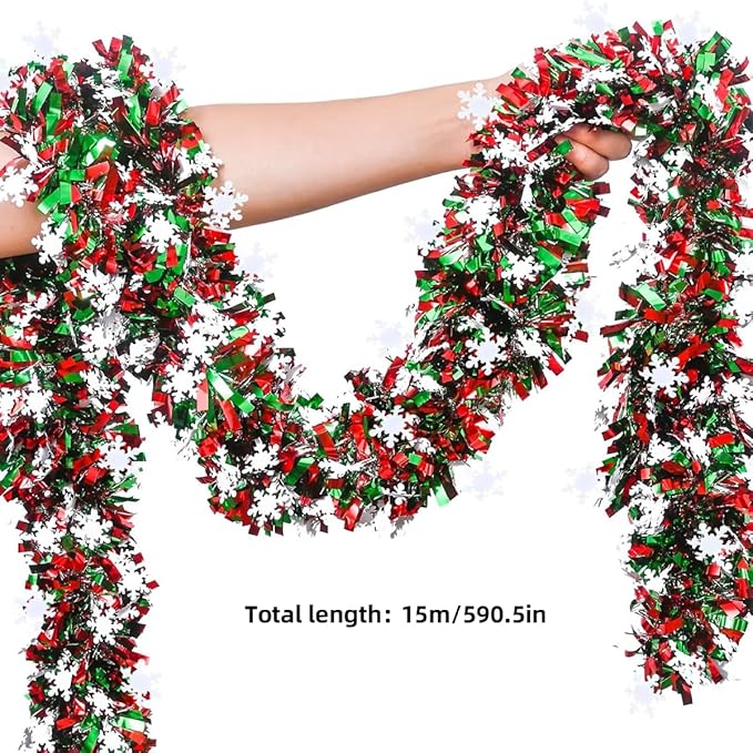 50 Feet Green Red Christmas Metallic Tinsel Twist Hanging Garland with Snowflake for Home Mantle Xmas Tree Staircase Railing New Year Holiday Party Indoor Outdoor Decorations（2 Pcs）-Ruum Studio Home