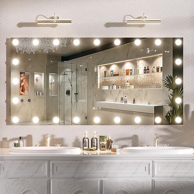 Hasipu LED Bathroom Mirror with Lights, 59" x 30" Hollywood Wall-Mounted Bathroom Mirror with 24 Dimmable Bulbs, 3 Colors Modes, Touch Control, Anti-Fog, Memory Function, Shatter-Proof, ETL Listed-Ruum Studio Home