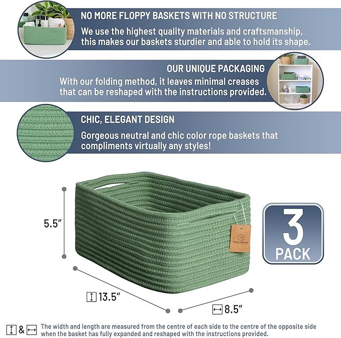 NaturalCozy 13.5”x8.5”x5.5” Rectangle Storage Baskets for Shelves 3 Pack | Cotton Rope Woven Small Baskets for Organizing | Small Storage Bins for Nursery, Bathroom, Closet, Shelf, Decorative-Ruum Studio Home