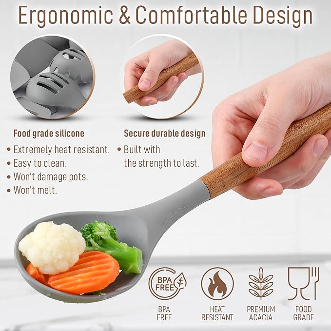 Zulay Kitchen Utensils Set Non-Stick Silicone Cooking Utensils Set with Authentic Acacia Wood Handles - 8 Piece Set - Silicone Kitchen Utensils Set with 464°F Heat Resistance - Gray-Ruum Studio Home
