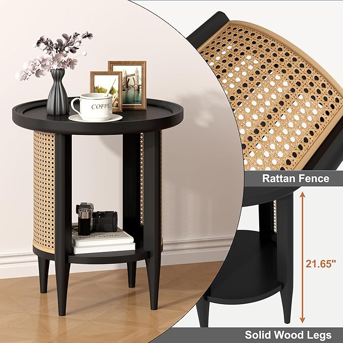 Yusong Round End Table Rattan Side Table with Solid Wood Legs, Boho Style Nightstand Bedside Table with 2-Tier Shelves, Small Coffee Table for Living Room Bedroom Small Spaces Black-Ruum Studio Home