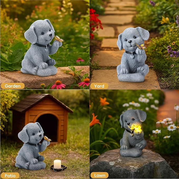Solar Puppy Dog Garden Decor - Cute Pet Memorial Statue, Auto On/Off LED Light, Weatherproof Resin for Yard Pathway & Dog Lover Gifts-Ruum Studio Home