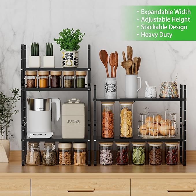 Expandable Cabinet Storage Shelf Stackable Organizer Rack for Kitchen Bathroom Pantry Spice Cupboard Countertop Home Office Desk Heavy Duty Nonslip Black Large 3 Pack-Ruum Studio Home