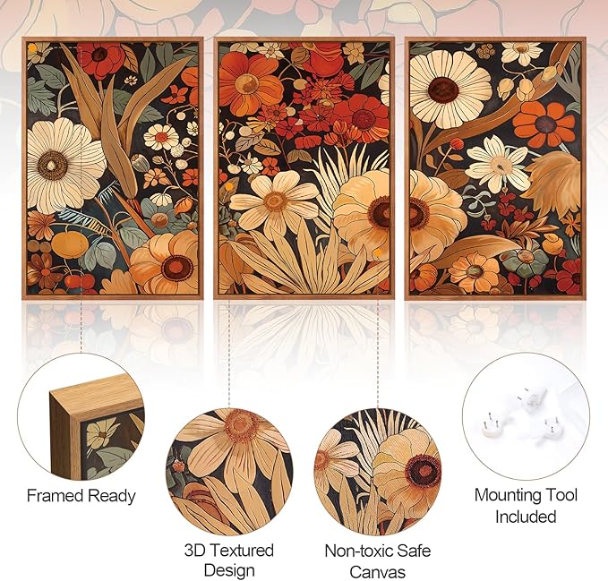 Aurlan Boho Burnt Orange Terracotta Wildflowers Framed Wall Art(24"x36"), 3 PCS Abstract Floral 3D Textured Canvas Artwork, Large Modern Vintage Botanical Nature Art Wall Decor for Home Office Living Room Bedroom-Ruum Studio Home