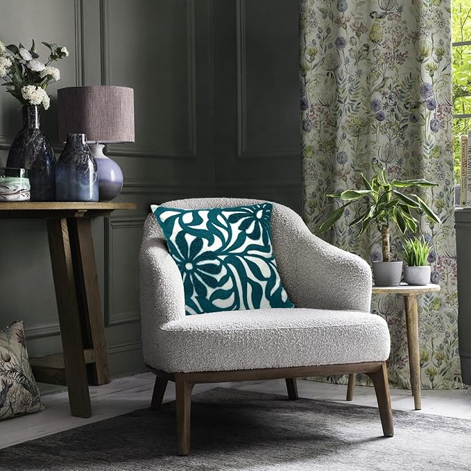Alysheer Farmhouse Floral Leaves Embroidered Decorative Throw Pillow Cover 18x18 inches, Boho Tufted Flowers Embroidery Pattern Chic Cotton Cushion Case for Couch Bed Sofa Living Room(Teal Blue)-Ruum Studio Home
