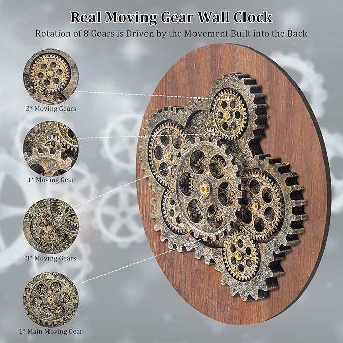 HOIBAI Large Wall Clock 24 Inch Large Clocks for Living Room Decor with Moving Gears Vintage Industrial Steampunk Farmhouse Big Clock for Home Kitchen Bedroom Office-Ruum Studio Home