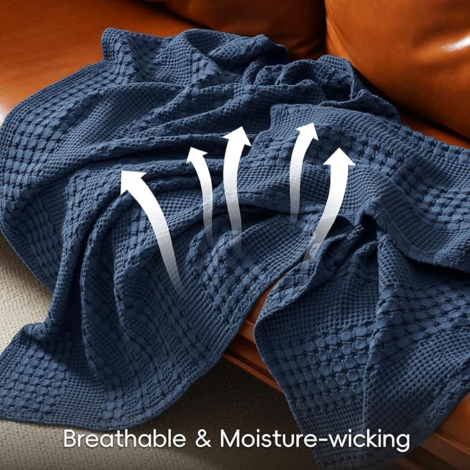 PHF 100% Cotton Waffle Weave Blanket Queen Size, Soft Lightweight Breathable Cozy Summer Blankets for Bed, Luxury Aesthetic Woven Bedding for Home Decor, 90"x90", Bright Navy Blue-Ruum Studio Home