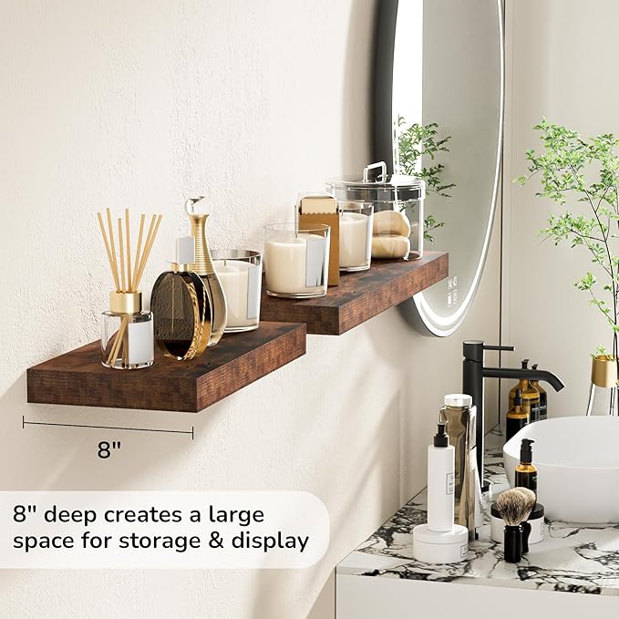 Fun Memories 16 Inch Floating Shelves - Deep Rustic Wooden Wall Shelves - Extra Deeper & Thicker Wall Mounted Storage Shelf for Bedroom, Kitchen, Farmhouse - 2 Pack, Rustic Brown-Ruum Studio Home
